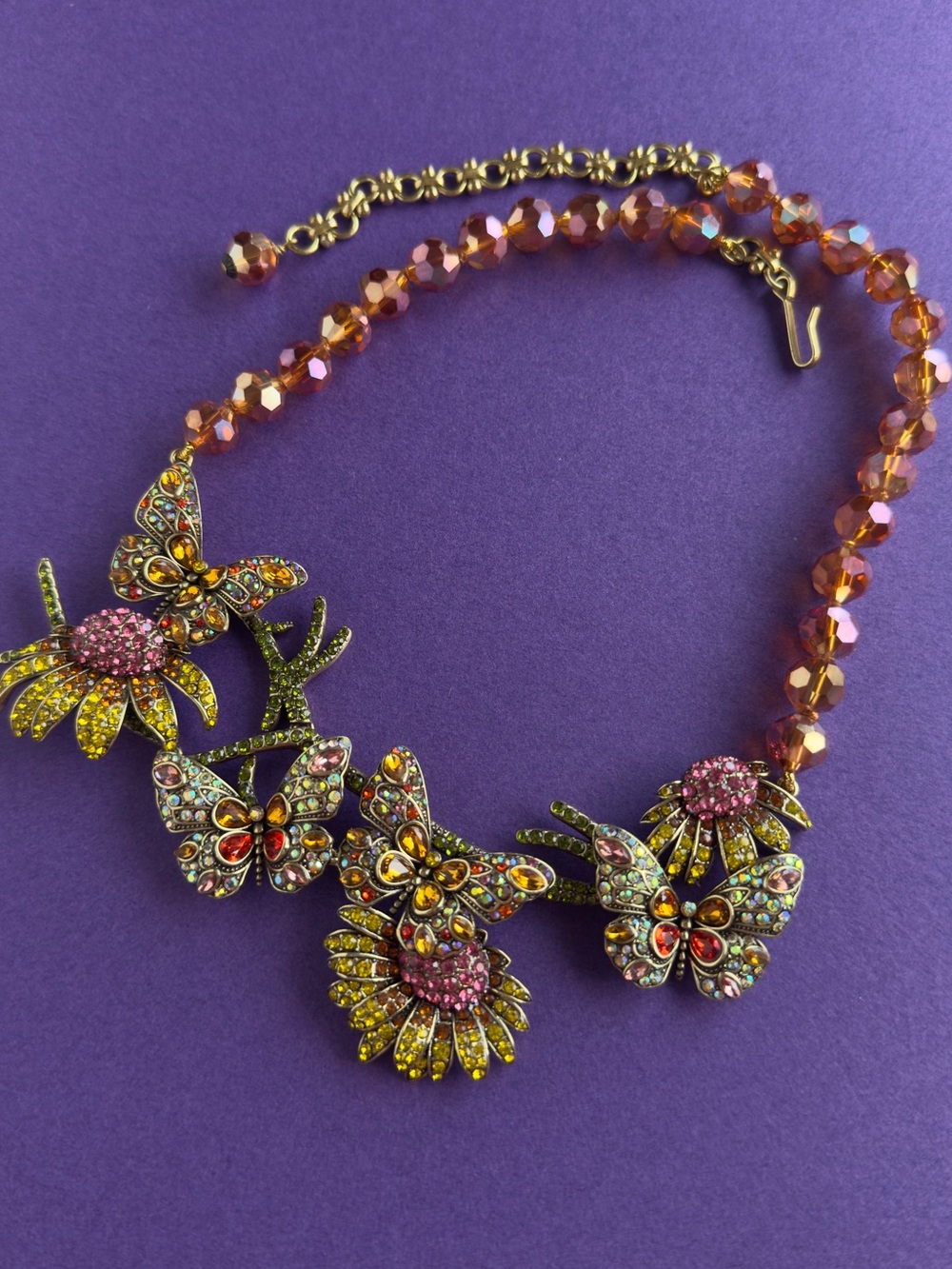 Heidi Daus Floral Butterfly Crystal Statement Necklace in Pink and Yellow